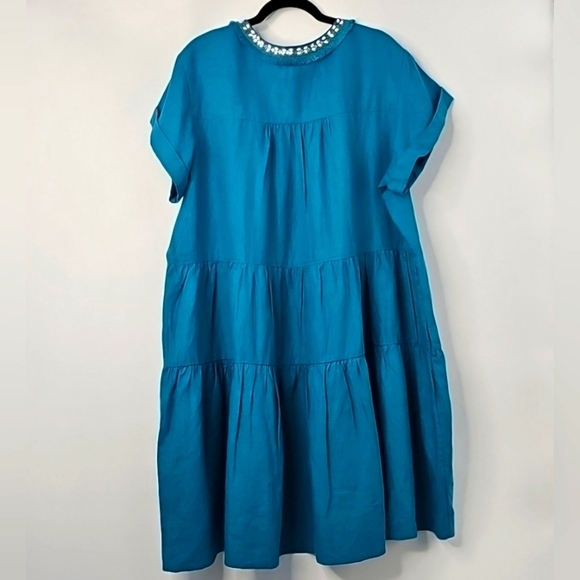 Chico's Peacock Blue 100% Linen w Embellished Neckline Glam Relaxed Short Dress - Picture 10 of 15
